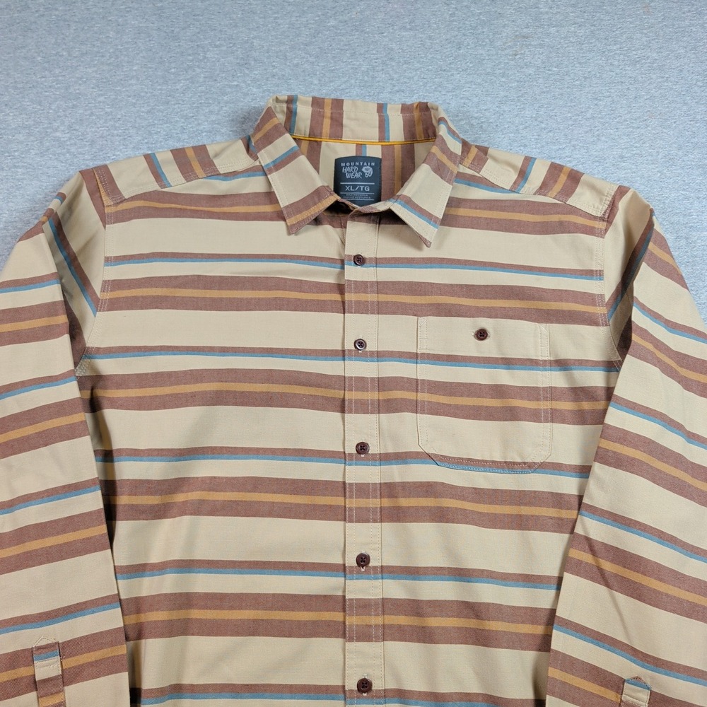 Mountain Hardwear Mens XL Tan Brown Striped Button Down Shirt OM6806